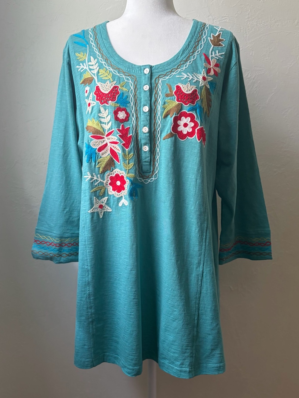 Parsley & Sage Embroidered Cotton Tunic Top Teal Floral NWT XL